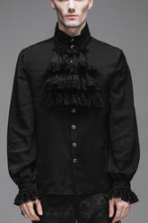 Black Ruffled Lace Button-Up Micro-bullet Chiffon Long Sleeve Men's Gothic Shirt
